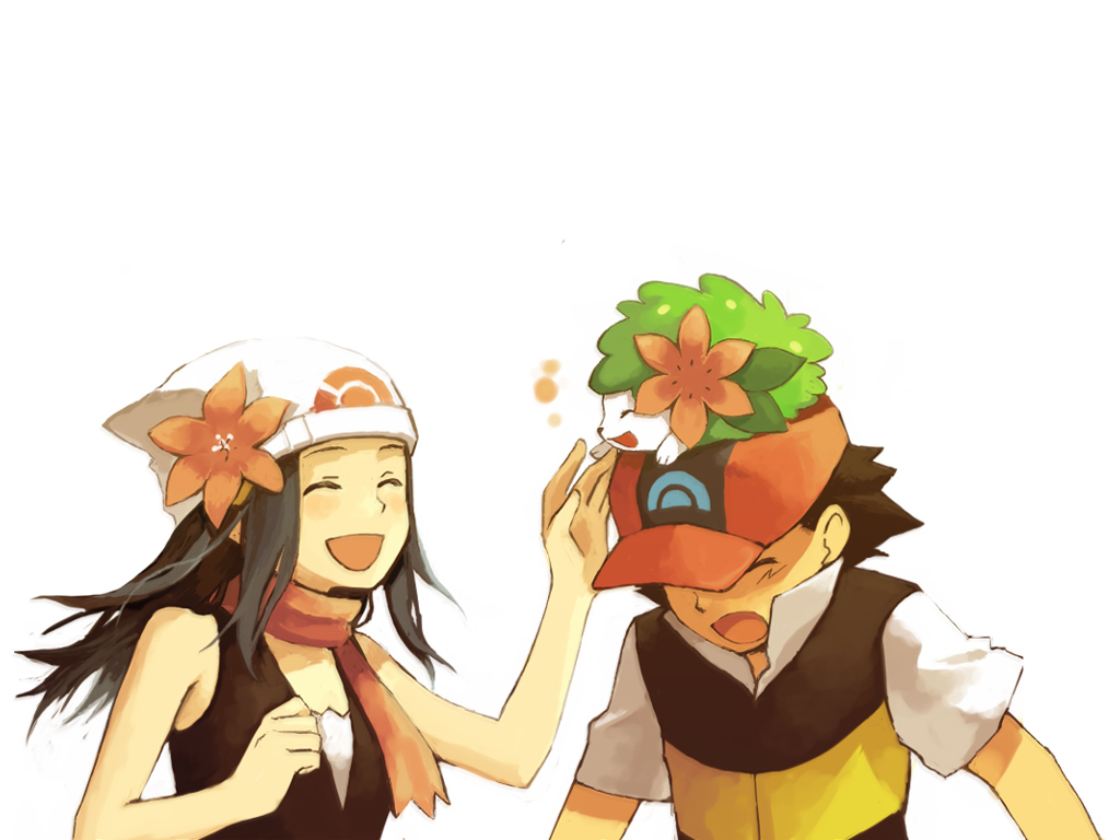 1girl ^_^ bad_id bad_pixiv_id beanie black_hair closed_eyes flower gen_4_pokemon hat hikari_(pokemon) laughing pokemon pokemon_(anime) pokemon_(creature) satoshi_(pokemon) shaymin shirataki_nako