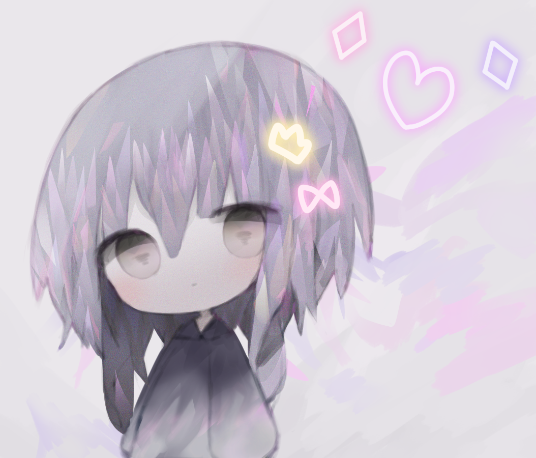 1girl bangs black_robe blush brown_eyes chibi closed_mouth commentary_request cottontailtokki diamond_(shape) eyebrows_visible_through_hair grey_background hair_between_eyes heart korean_commentary long_hair long_sleeves looking_at_viewer purple_hair shadowverse shingeki_no_bahamut sleeves_past_fingers sleeves_past_wrists solo spinaria_(shingeki_no_bahamut) standing