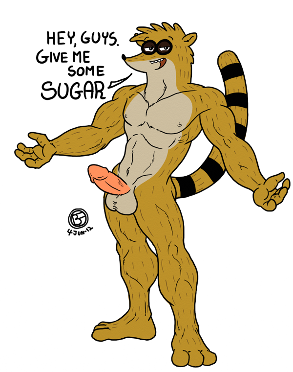 2012 abs anthro balls beachfox biceps brown_fur don don_(regular_show) erection fur humanoid_penis looking_at_viewer male mammal muscles nipples nude pecs penis plain_background pose presenting raccoon regular_show solo standing toned vein white_background