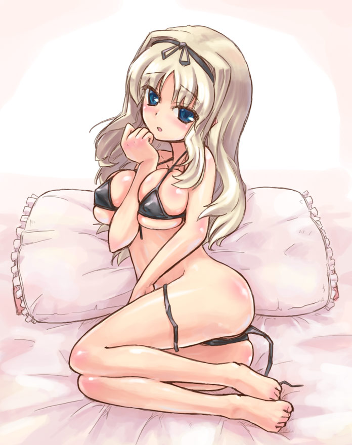 barefoot bed between_breasts bikini blonde_hair blue_eyes breasts covered_nipples feet homura_subaru kusugawa_sasara large_breasts long_hair side-tie_bikini solo swimsuit to_heart_2 untied untied_bikini