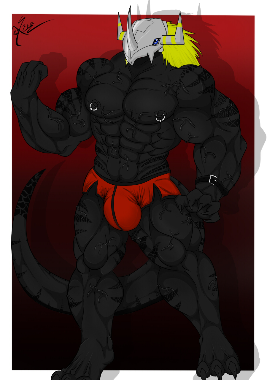 2012 3_toes abs anthro biceps big_muscles black_body blackwargreymon blue_eyes body_markings bulge claws digimon drayce flexing handsome helmet hindpaw looking_at_viewer male markings muscles nipple_piercing nipples paws pecs piercing plain_background plantigrade pose saixyuniz-xynz scalie solo standing toes underwear