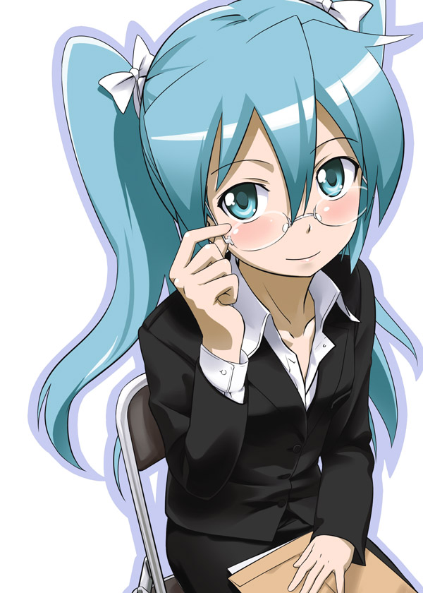 adjusting_eyewear bespectacled blue_eyes blue_hair blush business_suit formal glasses hair_ribbon hatsune_miku long_hair ribbon sitting solo suit twintails vocaloid youkan