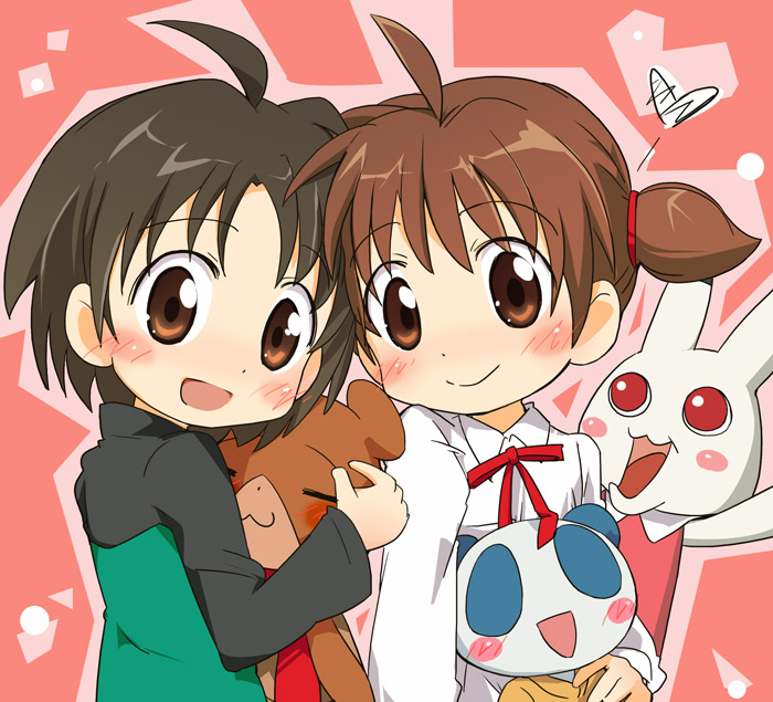 :3 :d ahoge animal_yokochou black_hair blue_eyes blush brown_eyes brown_hair closed_eyes creature hug issa iyo kenta ku-chan long_sleeves looking_at_viewer matsuzaki_ami multiple_girls open_mouth red_eyes red_ribbon ribbon smile stuffed_animal stuffed_toy teddy_bear