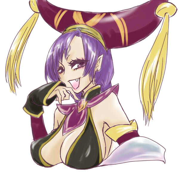 :d arm_warmers armpits artist_request bare_shoulders breasts cleavage collar crop_top da_ji large_breasts looking_at_viewer musou_orochi open_mouth pointy_ears purple_eyes purple_hair smile solo tassel