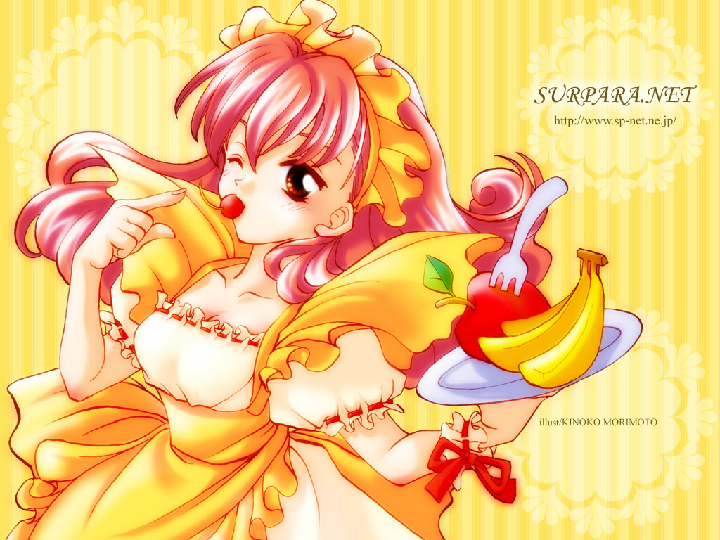 apple apron banana cherry copyright_request food fork fruit morimoto_kinoko non-web_source one_eye_closed pink_hair plate red_eyes solo waitress