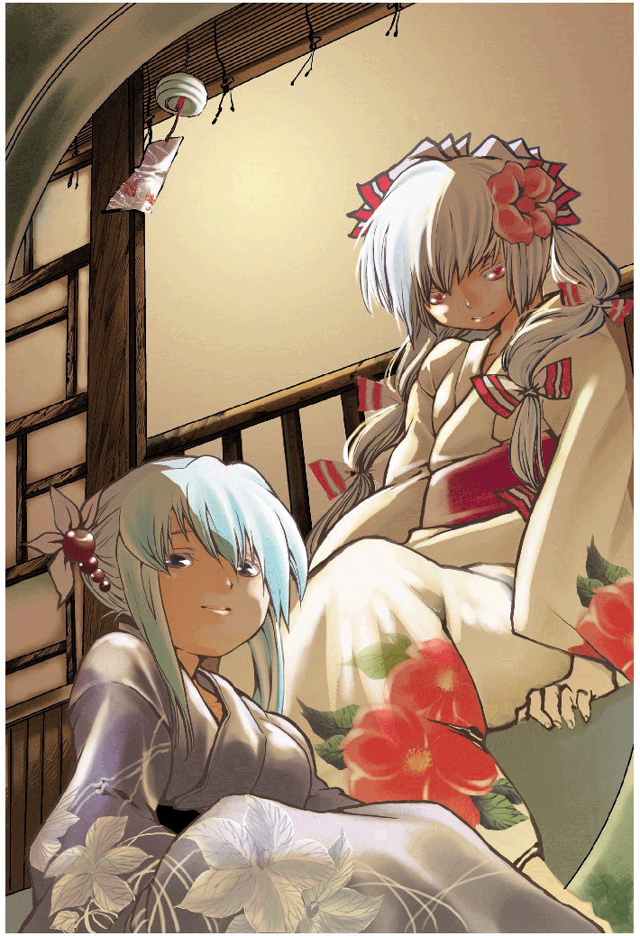 alternate_hairstyle blue_hair bow floral_print flower fujiwara_no_mokou hair_bow hair_flower hair_ornament hair_up japanese_clothes kamishirasawa_keine multiple_girls purple_eyes red_eyes sano_sanoko silver_hair touhou