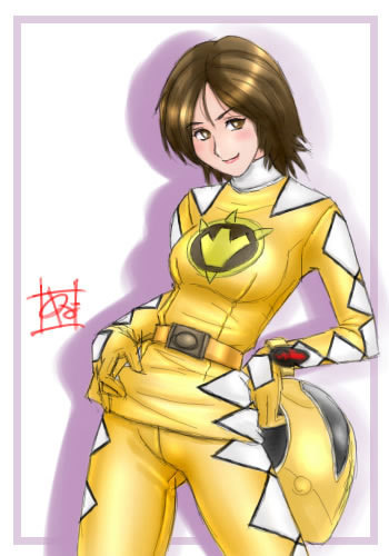 abare_yellow bakuryuu_sentai_abaranger belt bodysuit brown_hair gloves helmet itsuki_ranru lowres sentai skirt solo