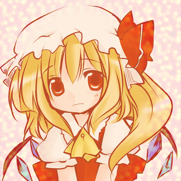 blonde_hair face flandre_scarlet futami_yayoi hat one_side_up red_eyes sad solo touhou upper_body v_arms wings