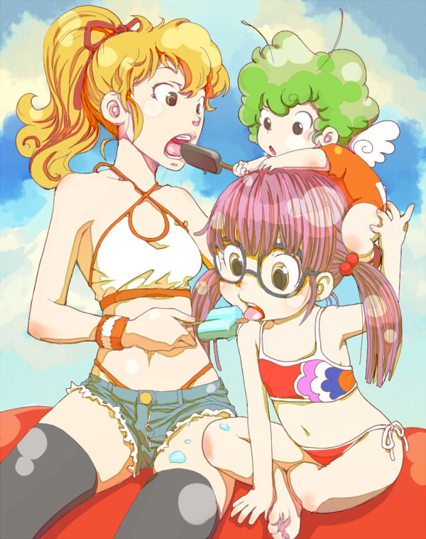 barefoot bikini blonde_hair child day denim denim_shorts dr._slump food glasses kimidori_akane melting mov multiple_girls norimaki_arale norimaki_gajira ponytail popsicle purple_hair shorts side-tie_bikini sitting swimsuit thighhighs twintails