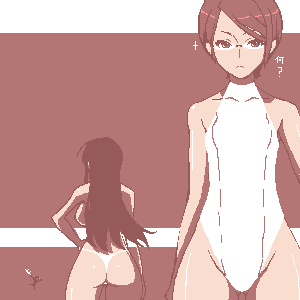 artist_request ass brown copyright_request glasses lowres monochrome multiple_girls oekaki one-piece_swimsuit panties swimsuit thong underwear wide_hips