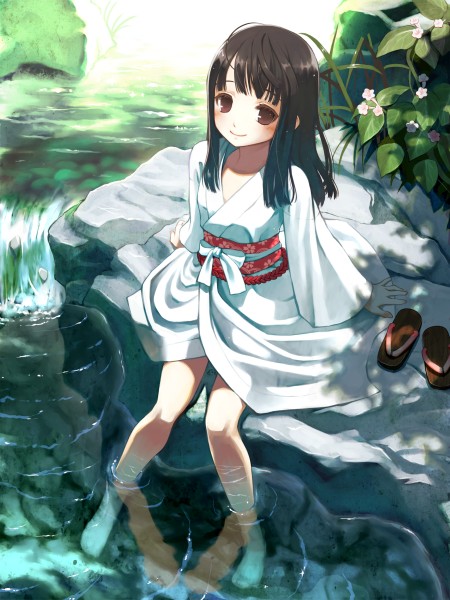 brown_eyes brown_hair flower japanese_clothes kimono long_hair original shiden_(t41xz) sitting soaking_feet solo water yukata