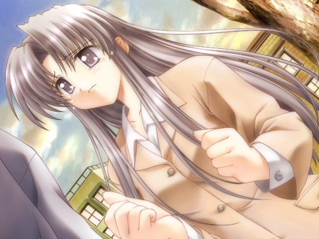 1boy 1girl building canvas cloud cocktail_soft f&amp;c game_cg gayarou long_hair outdoors purple_eyes shinomiya_yuu sky tears tree window