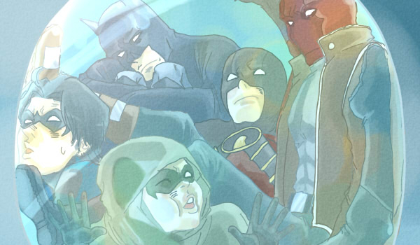 5boys batman batman_(series) black_hair brother brothers bruce_wayne bubble cape damian_wayne dc_comics dick_grayson domino_mask family father father_and_son gloves helmet hood jacket jason_todd lowres male male_focus mask multiple_boys nightwing pixiv_thumbnail red_hood red_hood_(dc) red_robin robin_(dc) siblings son tim_drake