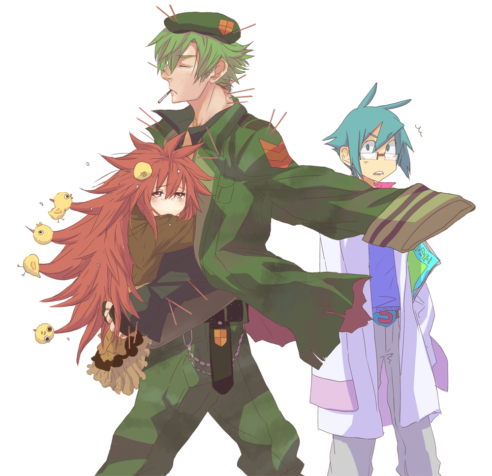 2boys beret bird carrying chick cigarette dandruff flaky flippy green_hair happy_tree_friends hat height_difference hug kab00m_chuck long_hair military military_uniform multiple_boys personification red_eyes red_hair short_hair sniffles tears uniform