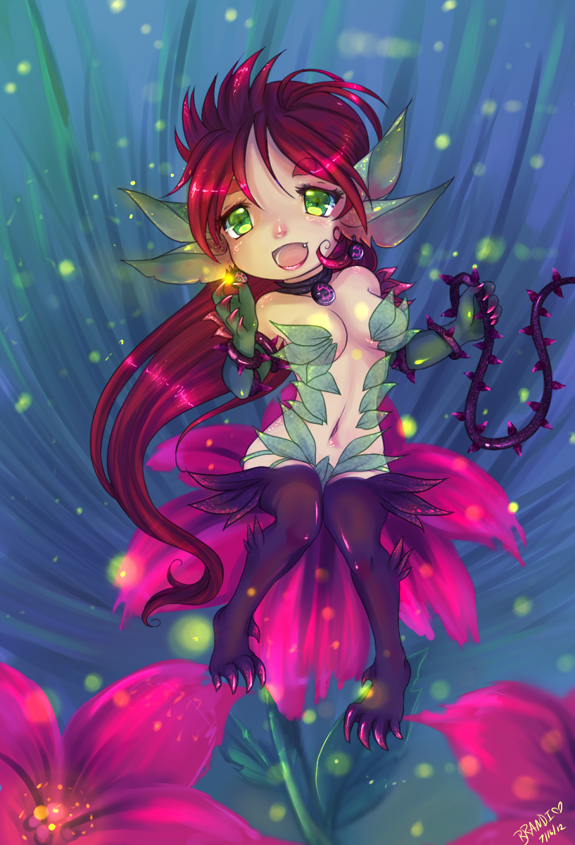 angelpaw bare_shoulders breasts chibi claws earrings extra_ears fang flower glowing green_eyes highres jewelry leaf league_of_legends long_hair monster_girl navel necklace open_mouth plant red_hair sitting solo thorns very_long_hair vines zyra
