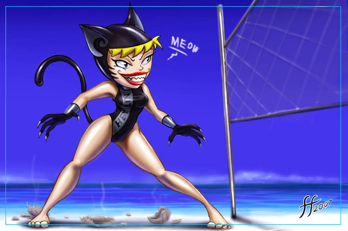 beach blonde_hair female fernando_faria grin hair human katnappe mammal one-piece_swimsuit seaside solo swimsuit xiaolin_showdown