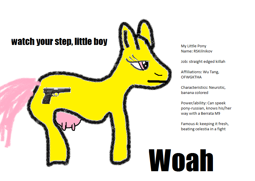 2011 bovine browning_hp cow cutie_mark english_text equine gangsta gun horse model_sheet my_little_pony original_character pink_eyes plain_background pony ranged_weapon teats udders weapon what white_background woah wu-tang yellow_fur