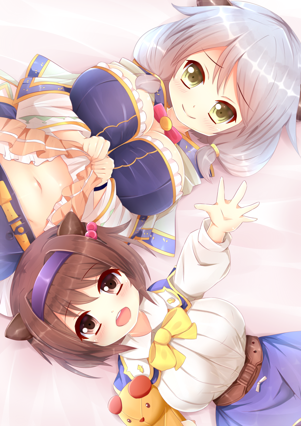 2girls belt blue_skirt blush bow bowtie breasts brown_eyes brown_hair camieux capelet cleavage draph eyebrows_visible_through_hair granblue_fantasy hair_bobbles hair_intakes hair_ornament hair_over_shoulder hairband highres horns kane-neko large_breasts looking_at_viewer lying multiple_girls navel on_back open_mouth oppai_loli outstretched_arm shirt shirt_lift short_hair silver_hair skirt smile stuffed_animal stuffed_toy teddy_bear upper_body white_shirt yaia_(granblue_fantasy) yellow_eyes