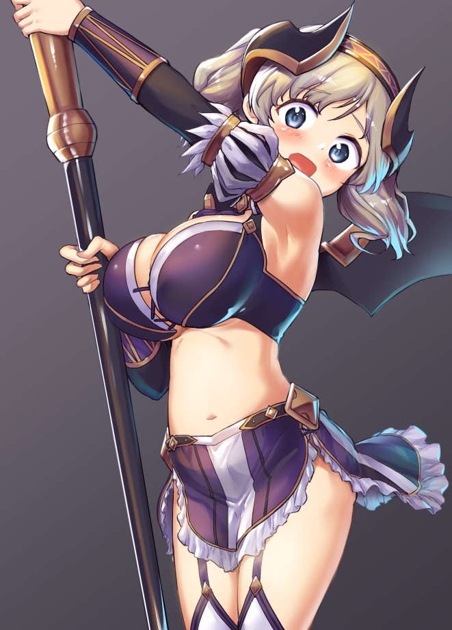 1girl :o armor armpits bikini_armor blue_eyes blush bra breasts cleavage cowboy_shot danbo_(rock_clime) demon_girl detached_sleeves frilled_skirt frills garter_straps gradient gradient_background grey_hair halterneck head_back headband holding kazemiya_akari lace lace-trimmed_bra large_breasts looking_at_viewer midriff navel princess_connect! princess_connect!_re:dive purple_skirt short_hair simple_background skirt solo staff standing underwear wings
