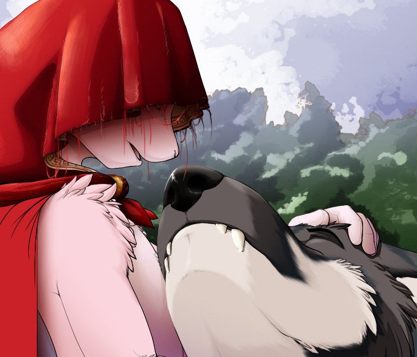 anthro big_bad_wolf canine cloak duo eyes_closed fangs fur hood lagomorph lil'_red little_red_riding_hood male mammal outside pink_fur rabbit shiuk torn wolf