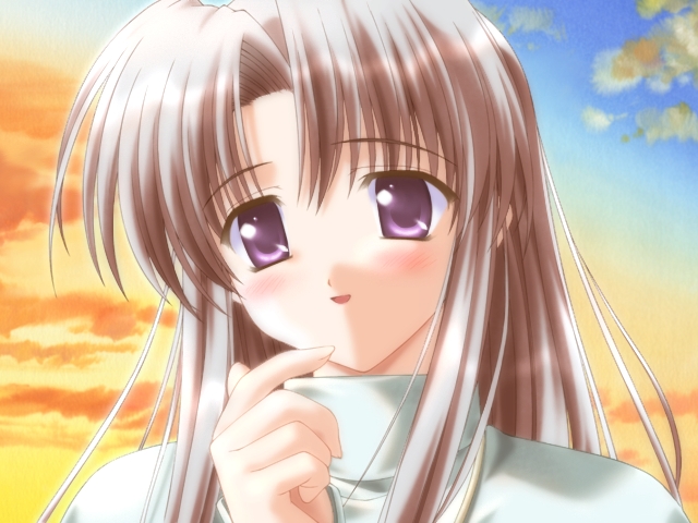 1girl blush canvas cloud cocktail_soft f&amp;c game_cg gayarou long_hair outdoors purple_eyes shinomiya_yuu sky smile solo turtleneck