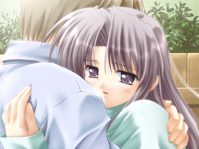 1boy 1girl asou_daisuke canvas cocktail_soft f&amp;c game_cg gayarou hug long_hair outdoors plant purple_eyes shinomiya_yuu turtleneck