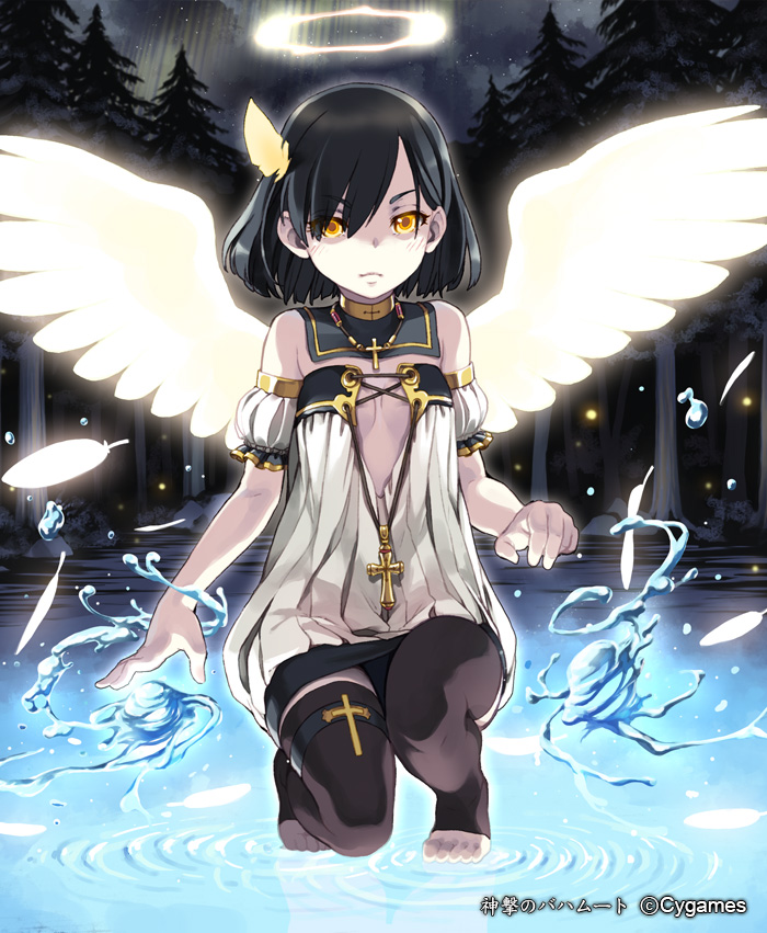 angel angel_wings bad_id bad_pixiv_id bangs bare_shoulders barefoot black_hair black_legwear blush cleavage_cutout cloud copyright_name cross detached_collar detached_sleeves dress expressionless feathers flat_chest glowing glowing_wings gothic hair_feathers hair_ornament hair_over_one_eye halo jewelry lena_(zoal) light_particles looking_at_viewer magic nature necklace night night_sky no_bra outdoors puffy_sleeves river sakieru_(shingeki_no_bahamut) shingeki_no_bahamut short_dress short_hair sky solo squatting standing standing_on_liquid swept_bangs thigh_strap thighhighs toeless_legwear toes tree turtleneck water watermark white_wings wings yellow_eyes zettai_ryouiki