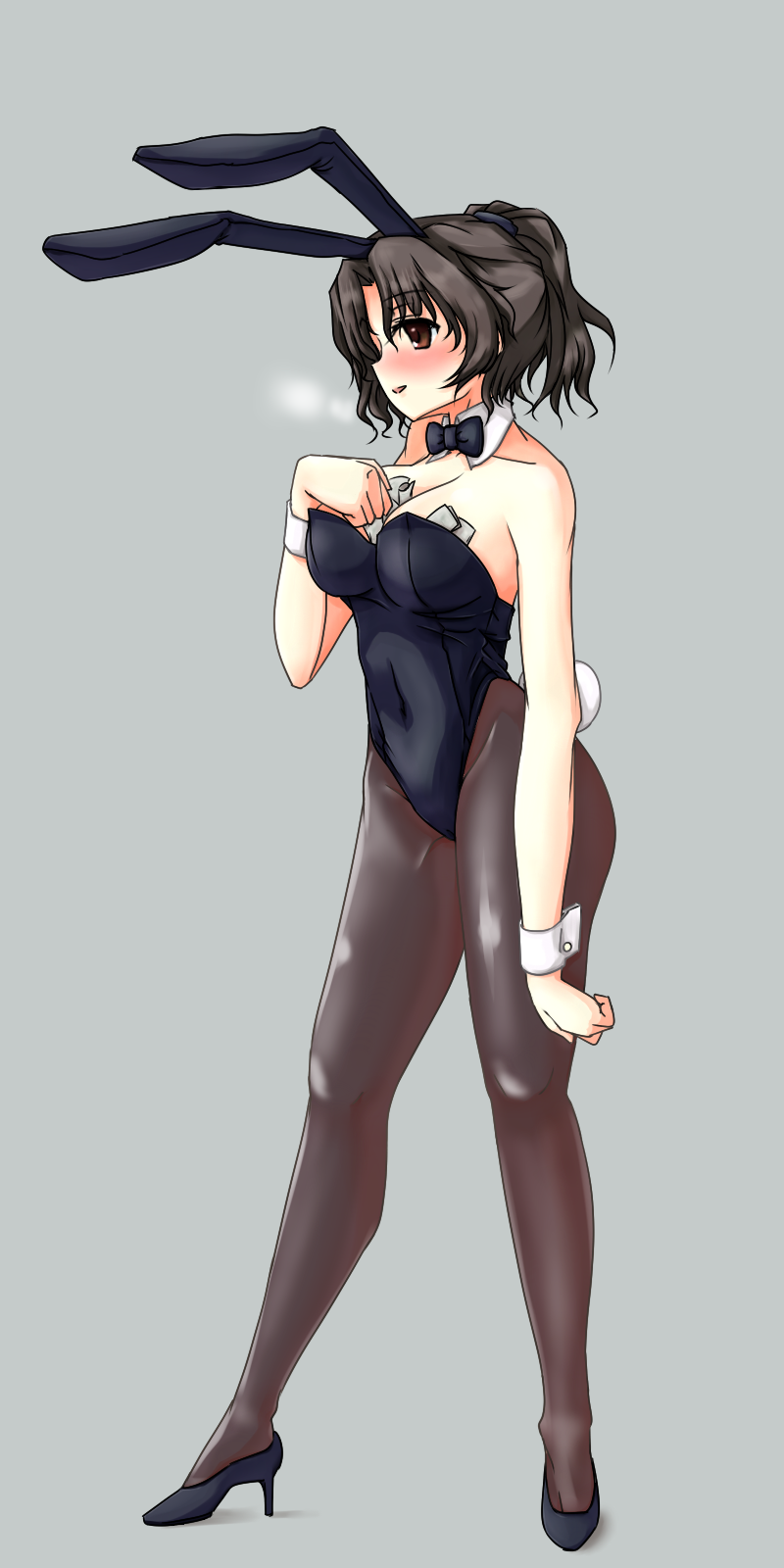 animal_ears black_hair bow bowtie breasts breath brown_eyes bunny_ears bunny_tail bunnysuit cleavage detached_collar haruhisky high_heels highres large_breasts mature money money_hold pantyhose ponytail shoes short_hair tail to_heart_2 to_heart_2_ad wrist_cuffs yuzuhara_haruka