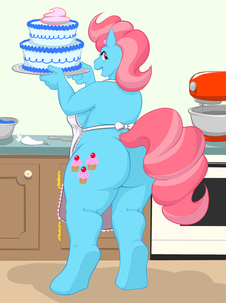 2012 anthrofied apron baking big_butt blue_fur breasts butt cake chubby cutie_mark female friendship_is_magic hair hooves kitchen long_hair looking_at_viewer looking_back mrs_cake_(mlp) multi-colored_hair my_little_pony open_mouth pink_eyes pink_hair side_boob skimpy smile solo standing strider_orion thighs