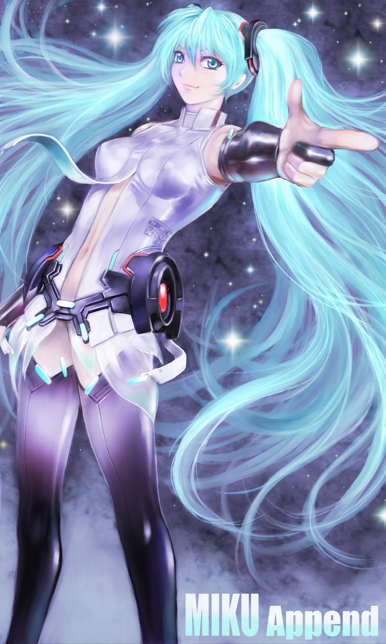 aqua_eyes aqua_hair belt bridal_gauntlets character_name elbow_gloves fingerless_gloves gloves hatsune_miku hatsune_miku_(append) highres long_hair navel necktie smile solo twintails very_long_hair vocaloid vocaloid_append yusao