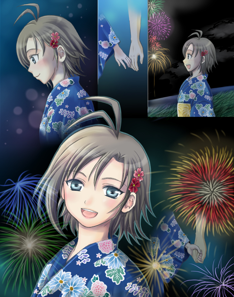 aerial_fireworks ariga_nao blush crossed_arms fireworks flower hair_ornament hands_clasped idolmaster idolmaster_(classic) idolmaster_2 japanese_clothes kikuchi_makoto kimono md5_mismatch open_mouth own_hands_together smile