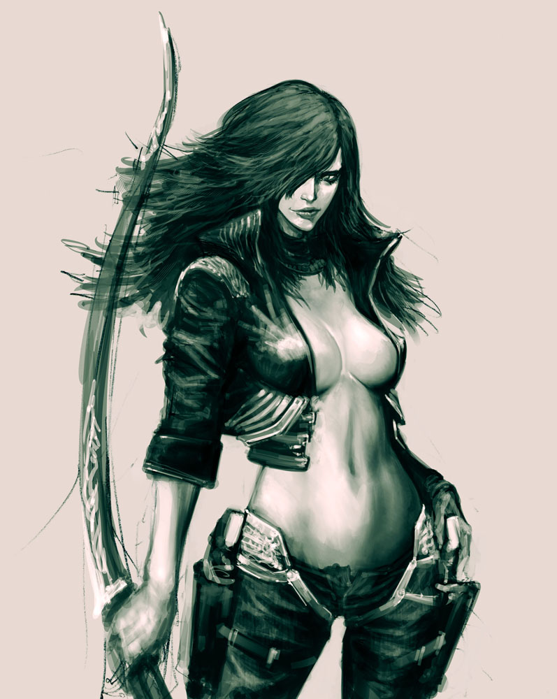 breasts cropped_jacket gun handgun holster ikeda_masateru jacket large_breasts long_hair midriff monochrome navel open_clothes open_jacket pants rubi_malone simple_background sketch solo sword weapon wet_(game)