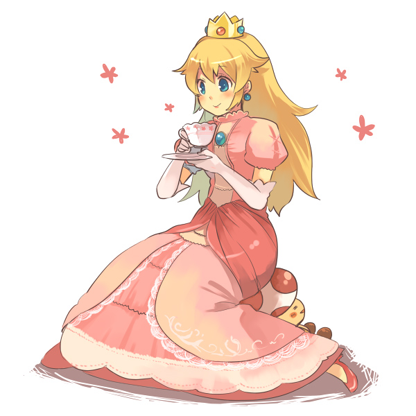 blonde_hair blue_eyes closed_mouth crown cup dress elbow_gloves gloves hanokage human_chair human_furniture long_hair mario_(series) pink_dress princess_peach sitting sitting_on_person solo super_mario_bros. teacup toad