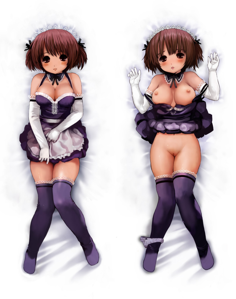 apron blush breasts brown_eyes brown_hair copyright_request dakimakura elbow_gloves gloves large_breasts looking_at_viewer lying maid maid_headdress multiple_views nipples on_back pussy thighhighs togusa_masamu uncensored