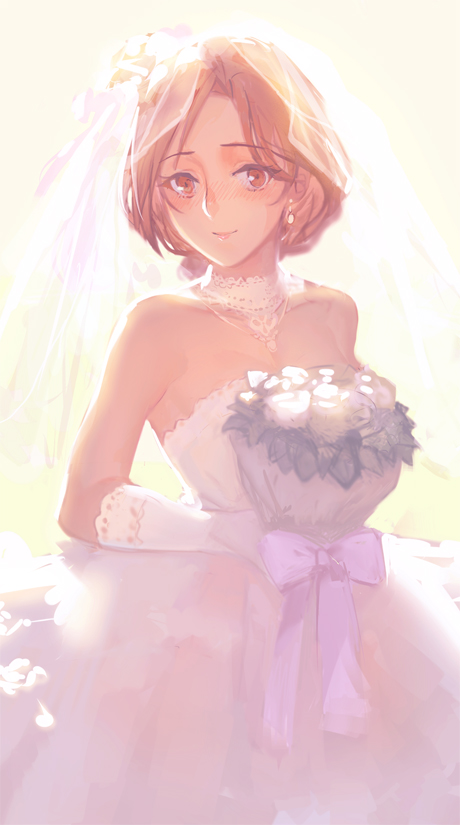 bad_id bad_pixiv_id bouquet choker dress earrings ekao flower idolmaster idolmaster_cinderella_girls jewelry kawashima_mizuki light_smile red_eyes red_hair short_hair solo wedding_dress