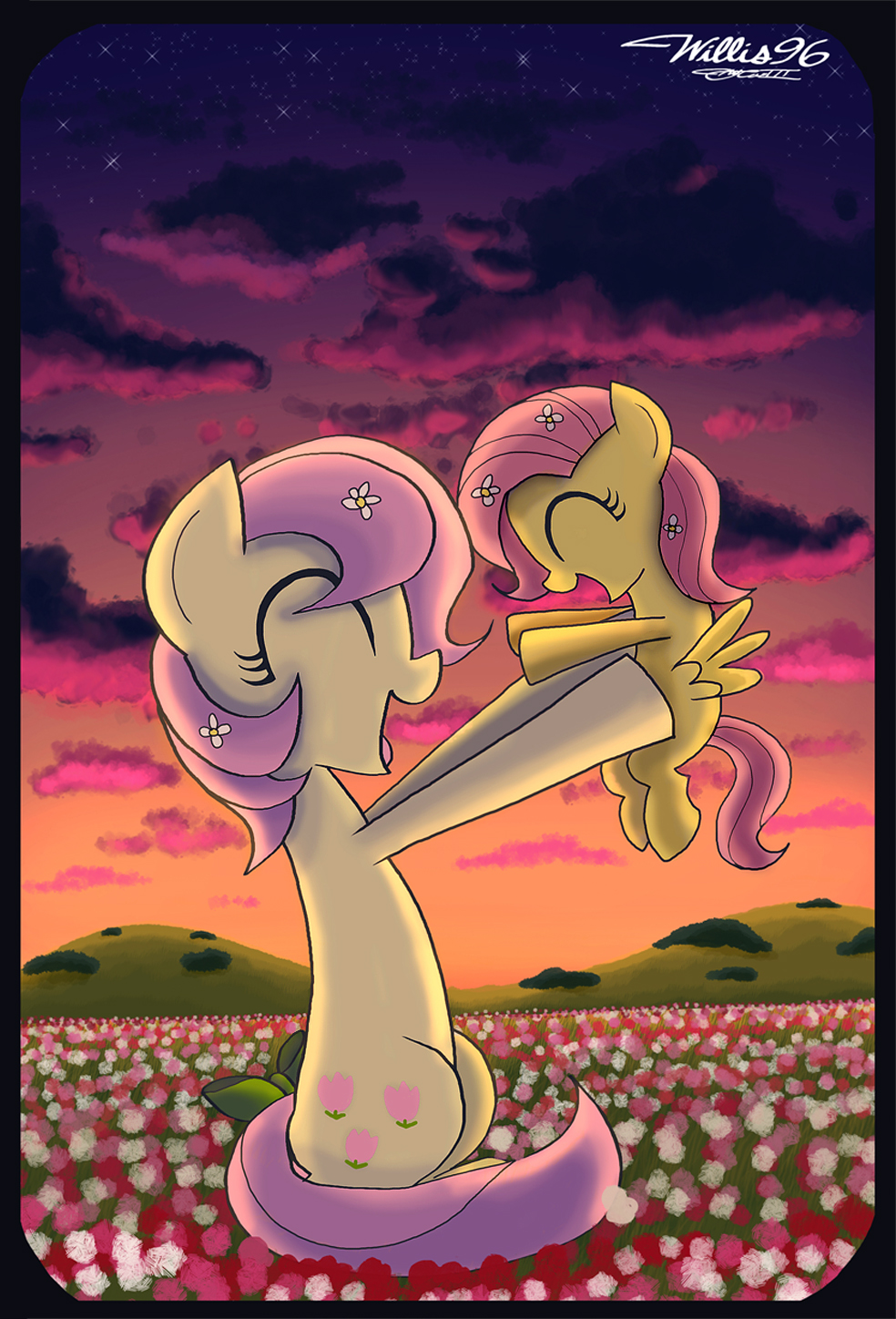 cloud clouds cub cutie_mark duo dusk equine eyes_closed female feral flower fluttershy_(mlp) friendship_is_magic horse mammal mountain my_little_pony outside pegasus pony posey_(mlp) willis96 wings young