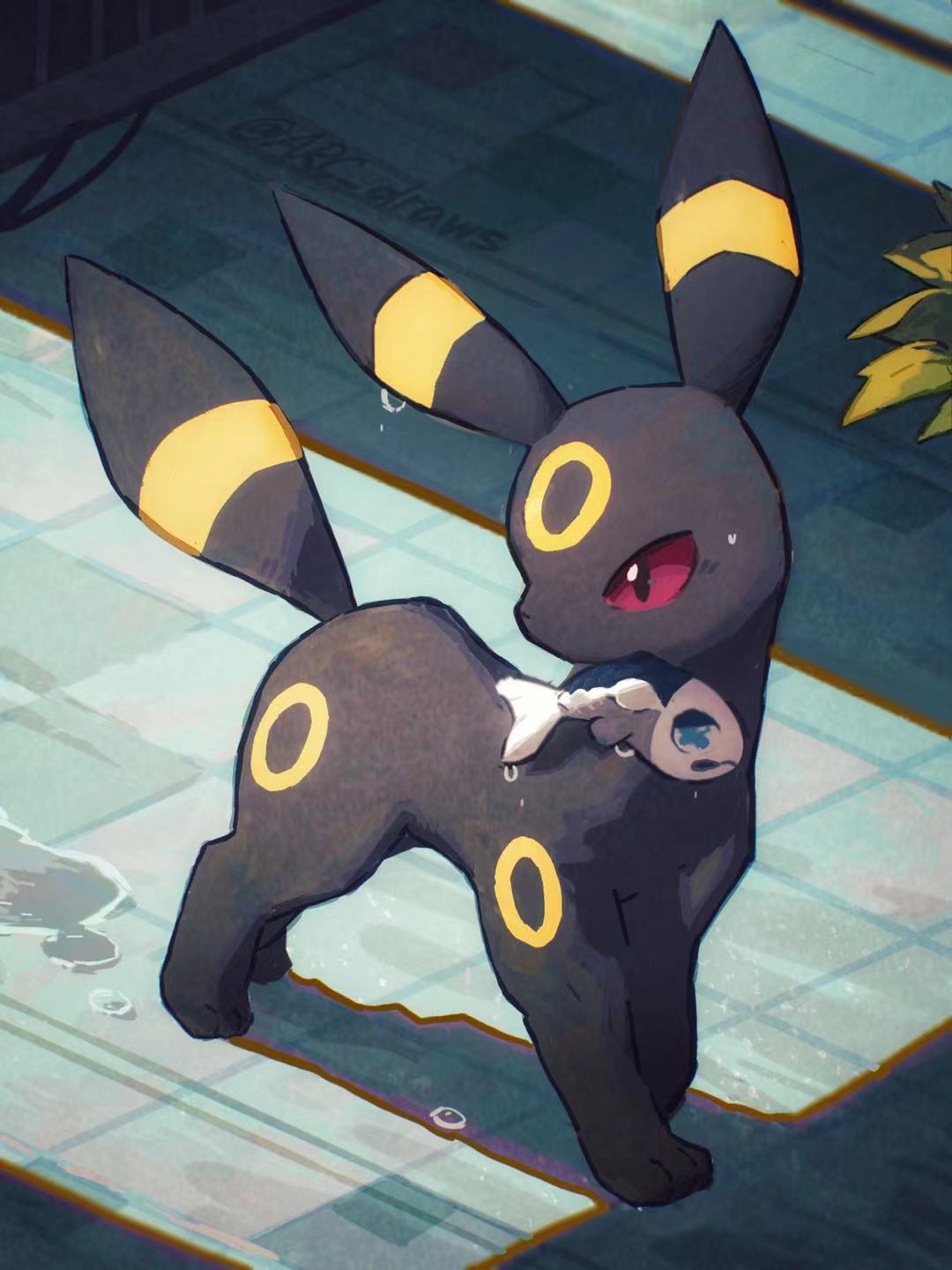 animal_focus arc_draws black_eyes colored_sclera commentary english_commentary facial_mark forehead_mark full_body highres mouth_hold no_humans plant pokemon pokemon_(creature) puddle red_sclera shadow standing turning_head twitter_username umbreon water_drop wishiwashi wishiwashi_(solo)