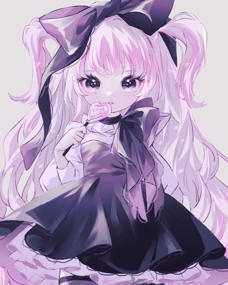 1girl akiponv bow candy dress food hair_bow heart heart_lollipop holding holding_candy holding_food holding_lollipop lollipop long_hair long_sleeves looking_at_viewer original parted_lips pink_hair purple_eyes shaped_lollipop solo swirl_lollipop two_side_up very_long_hair wavy_hair white_hair