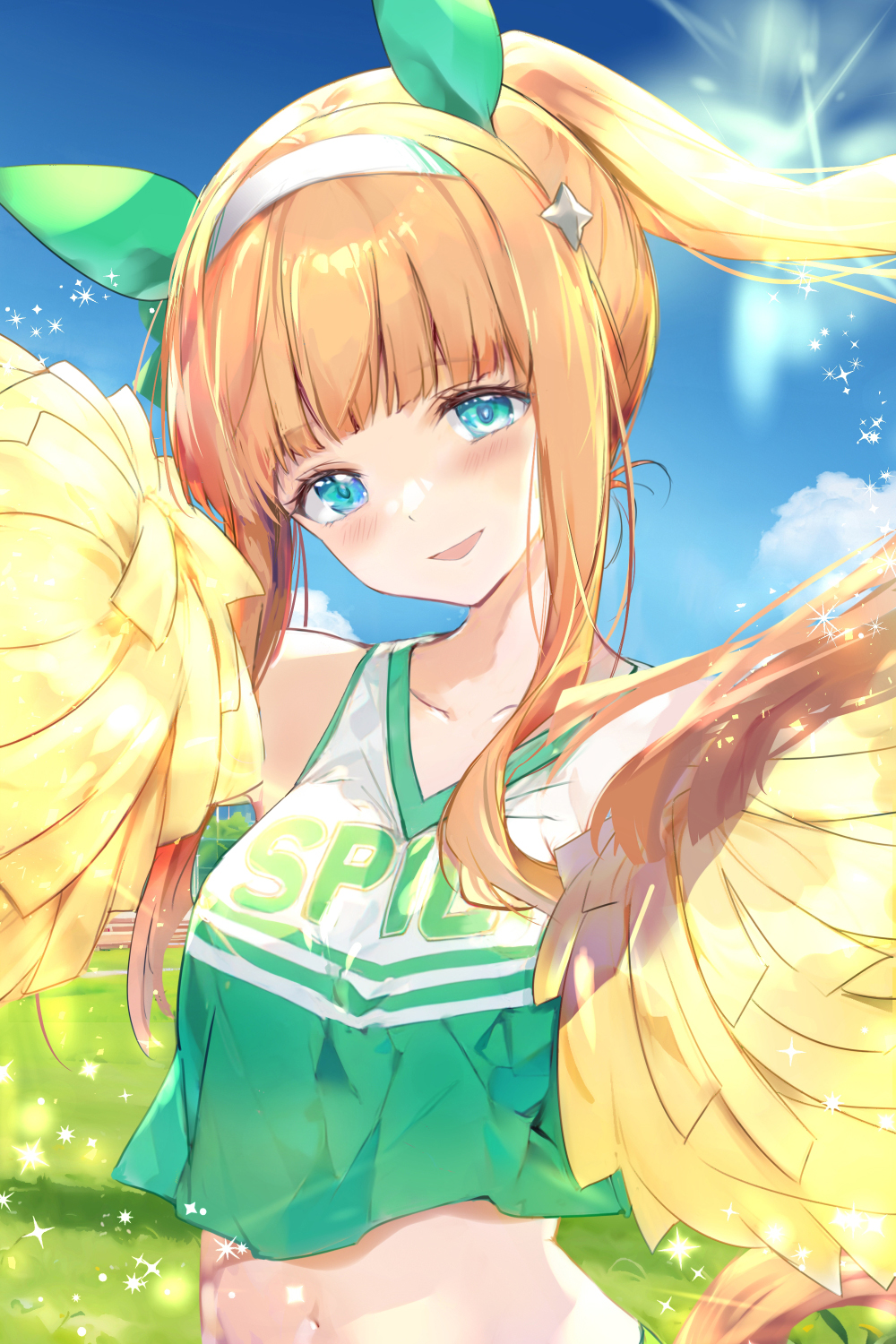 1girl animal_ears bare_shoulders blue_eyes blue_sky blunt_bangs cheerleader cloud cloudy_sky commentary crop_top cropped_shirt ear_covers grass green_shirt hair_ornament hairband highres holding holding_pom_poms horse_ears horse_girl horse_tail long_hair looking_at_viewer midriff navel open_mouth orange_hair pom_pom_(cheerleading) ponytail shirt sidelocks silence_suzuka_(umamusume) sky sleeveless sleeveless_shirt smile solo sparkling_aura tail umamusume upper_body uu-tan_(hushigi10) white_hairband