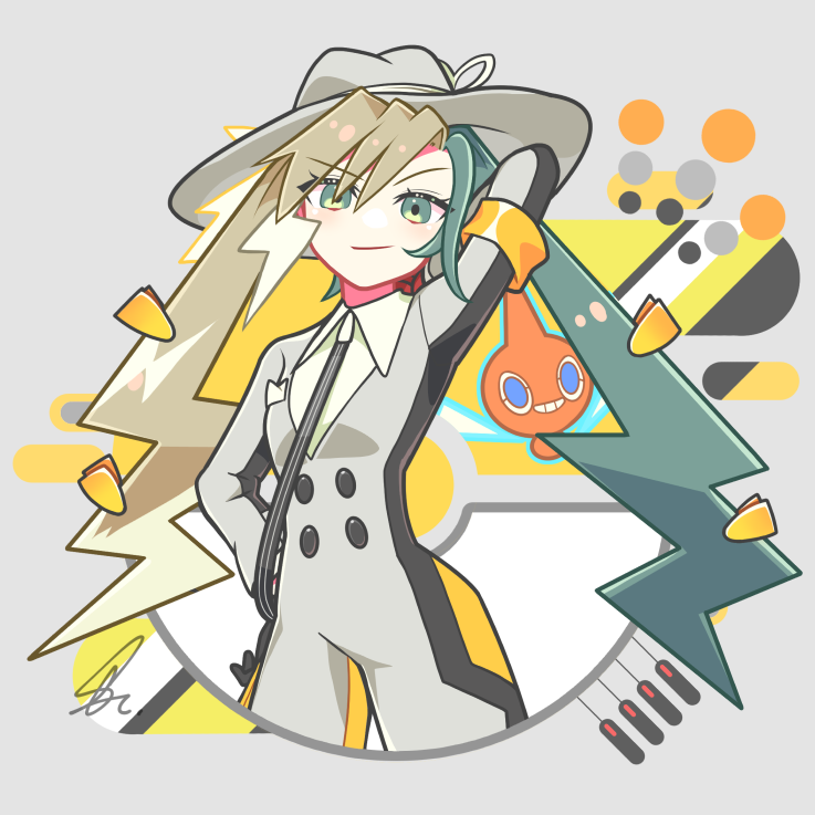 1girl aqua_eyes armband asymmetrical_gloves black_gloves brown_hair buttons collared_shirt electric_miku_(project_voltage) eyelashes gloves green_hair grey_background hair_between_eyes hair_ornament hairclip hat hatsune_miku jumpsuit lightning_bolt_symbol looking_at_viewer mismatched_gloves multicolored_hair pokemon pokemon_(creature) project_voltage red_gloves rotom rotom_(normal) saihate_(d3) shirt smile teeth twintails two-tone_hair vocaloid white_headwear yellow_armband