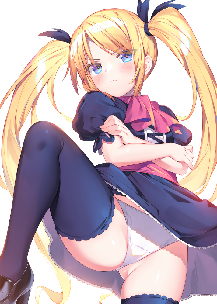 1girl black_ribbon black_shirt black_skirt black_thighhighs blonde_hair blue_eyes bucchake_(asami) character_request closed_mouth commission crossed_arms frown hair_ribbon leg_up long_hair miniskirt panties pixiv_commission ribbon shirt short_sleeves skirt solo thighhighs twintails underwear very_long_hair white_background white_panties