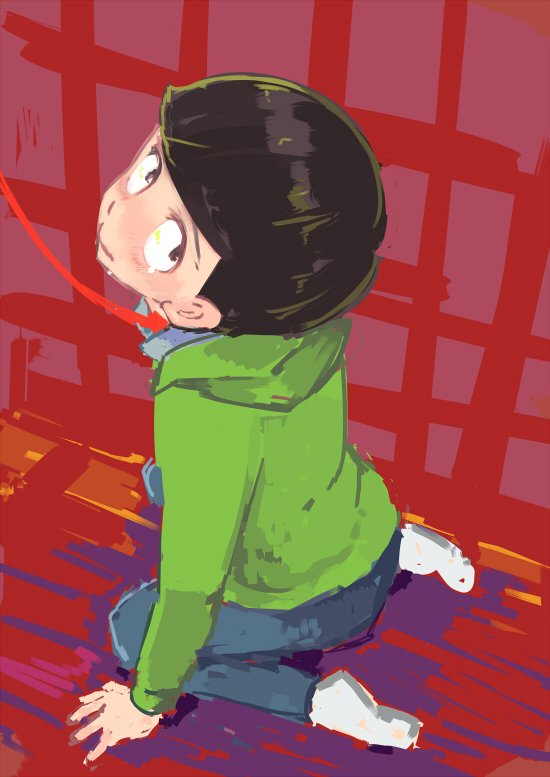 1boy animal_collar black_eyes black_hair blue_pants blunt_bangs cage closed_mouth collar commentary_request forced_smile full_body green_hood green_hoodie grey_collar hanada_hyou hand_on_ground hood hood_down hoodie leaf light_blush looking_at_viewer male_focus matsuno_choromatsu no_shoes osomatsu-san pants red_background short_hair sitting smile socks solo tearing_up wariza white_socks