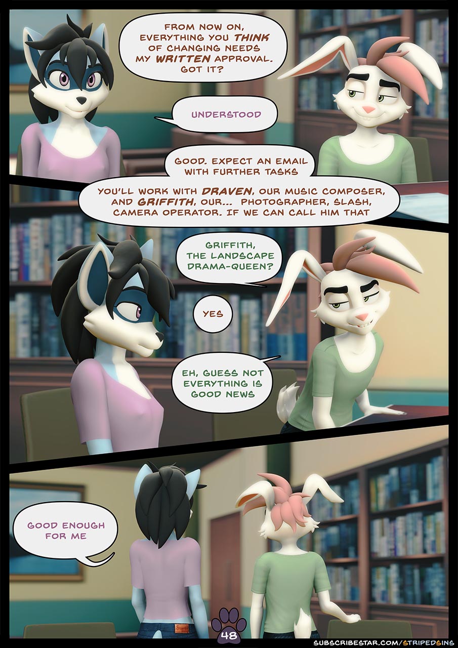 3d_(artwork) anthro black_hair blue_body blue_fur brown_body brown_fur buckteeth canid canine canis chair clothing comic comic_panel desk dialogue digital_media_(artwork) dransvitry english_text female fur furniture gesture green_eyes hair hi_res lagomorph leporid male mammal meeting necktie office office_chair offscreen_character oliver_(striped_sins) paper pink_hair post-it_note procyonid purple_eyes rabbit raccoon ryder_(striped_sins) shirt speech_bubble striped_sins t-shirt table teeth text topwear url white_body white_fur willitfit wolf worried yellow_eyes
