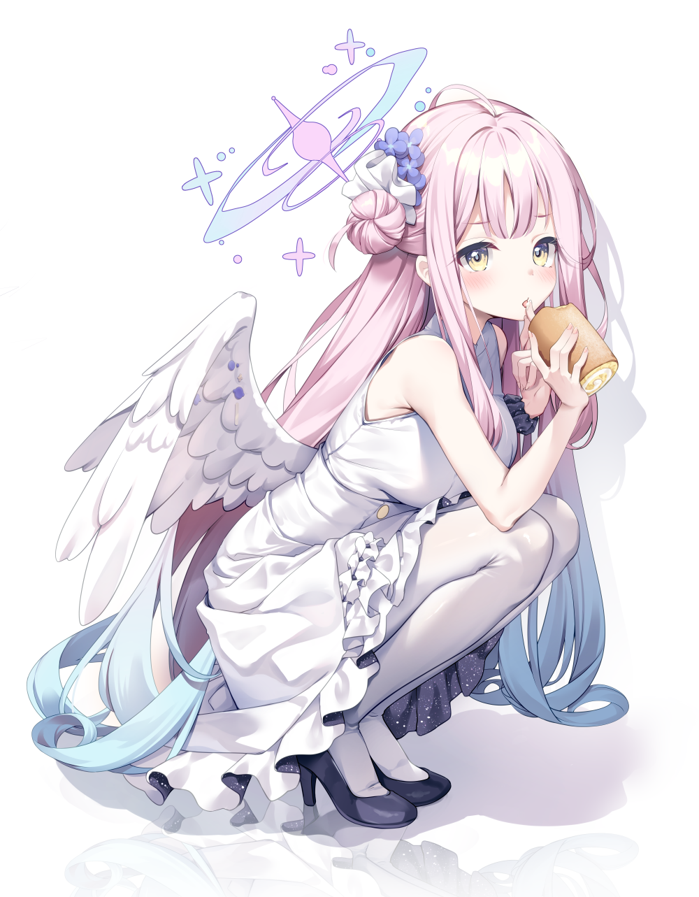 1girl bare_shoulders black_footwear blue_archive commentary_request dress feathered_wings food full_body hair_bun hair_ornament hair_scrunchie halo high_heels highres holding holding_food kinokomushi long_hair looking_at_viewer mika_(blue_archive) multicolored_hair pantyhose pink_hair scrunchie sidelocks simple_background single_hair_bun sleeveless sleeveless_dress solo squatting tongue tongue_out white_background white_dress white_pantyhose white_wings wings wrist_scrunchie yellow_eyes