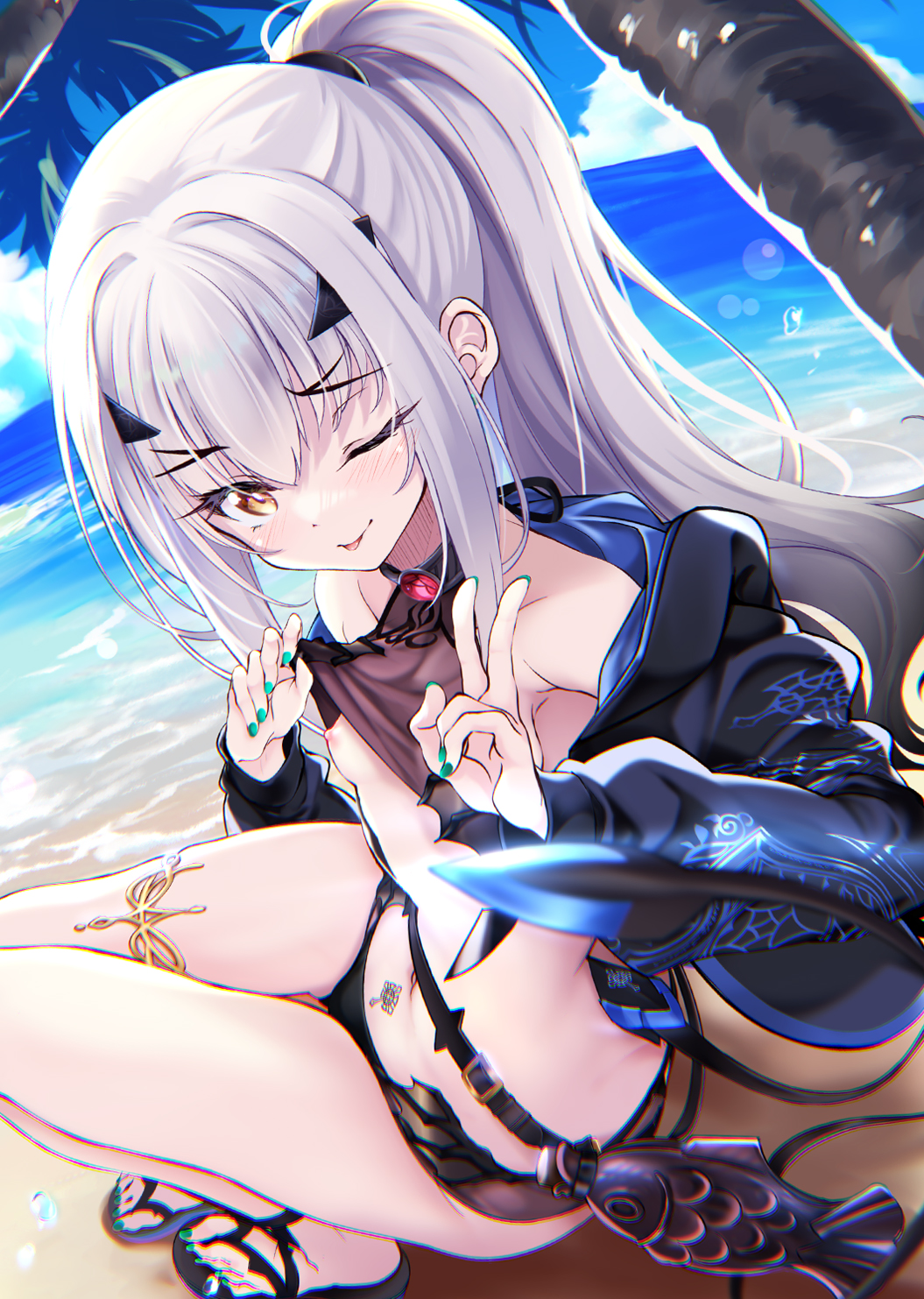 1girl beach belt bikini bikini_top_lift black_bikini black_jacket blue_sky bottle breasts breasts_out clothes_lift commentary_request cropped_jacket fate/grand_order fate_(series) forked_eyebrows high_ponytail highres hitsujibane_shinobu jacket long_hair long_sleeves looking_at_viewer melusine_(fate) melusine_(swimsuit_ruler)_(fate) melusine_(swimsuit_ruler)_(first_ascension)_(fate) navel nipples one_eye_closed palm_tree petite pubic_tattoo sandals shore shrug_(clothing) sidelocks sky small_breasts smile solo swimsuit tail tattoo thighlet thighs tongue tongue_out tree v white_hair yellow_eyes