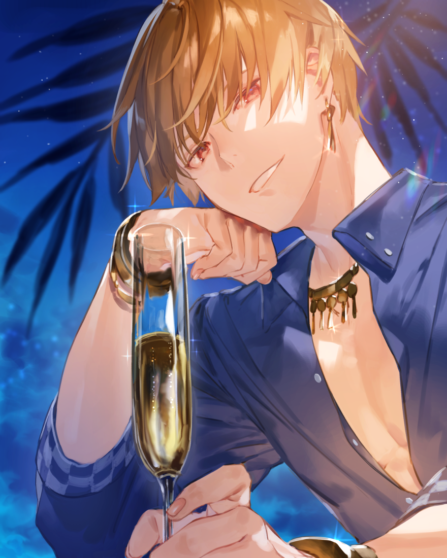 1boy blonde_hair blue_shirt bracelet cup drink drinking_glass earrings fate/grand_order fate_(series) gilgamesh_(caster)_(fate) gilgamesh_(establishment)_(fate) gilgamesh_(fate) glint gold_bracelet gold_earrings gold_necklace grin hair_between_eyes head_rest holding holding_cup hotosoka_(user_nxja5583) jewelry looking_at_viewer male_focus necklace night nostrils outdoors palm_leaf partially_unbuttoned red_eyes shirt short_hair sleeve_cuffs smile solo sparkle upper_body wine_glass