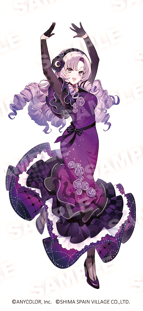 1girl black_footwear black_gloves black_headband dress drill_hair flamenco_dress flower full_body gloves hands_up headband hoojiro hyakumantenbara_salome long_dress long_hair nijisanji official_art purple_dress purple_eyes purple_flower purple_hair purple_rose rose sample_watermark solo virtual_youtuber watermark