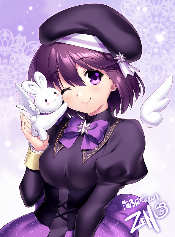 1girl ;) animal_hug animal_on_hand beret black_headwear black_shirt blush bow breasts c: closed_mouth commentary_request commission hair_between_eyes hand_up hat hug juliet_sleeves long_sleeves looking_at_viewer medium_breasts one_eye_closed puffy_sleeves purple_background purple_bow purple_eyes purple_hair purple_theme rabbit second-party_source shirt signature simple_background skeb_commission smile solo tareme trystar umino_hotaru upper_body virtual_youtuber white_wings wings zen_(kamuro)