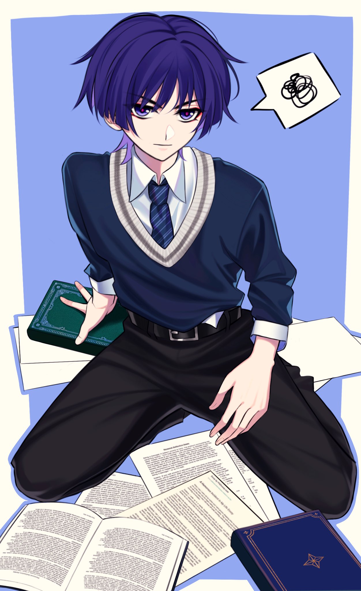 1boy alternate_costume belt black_pants blue_necktie blue_sweater book closed_mouth genshin_impact hair_between_eyes highres koushuiba long_sleeves male_focus necktie pants paper purple_eyes purple_hair scaramouche_(genshin_impact) school_uniform shirt short_hair solo sweater white_shirt