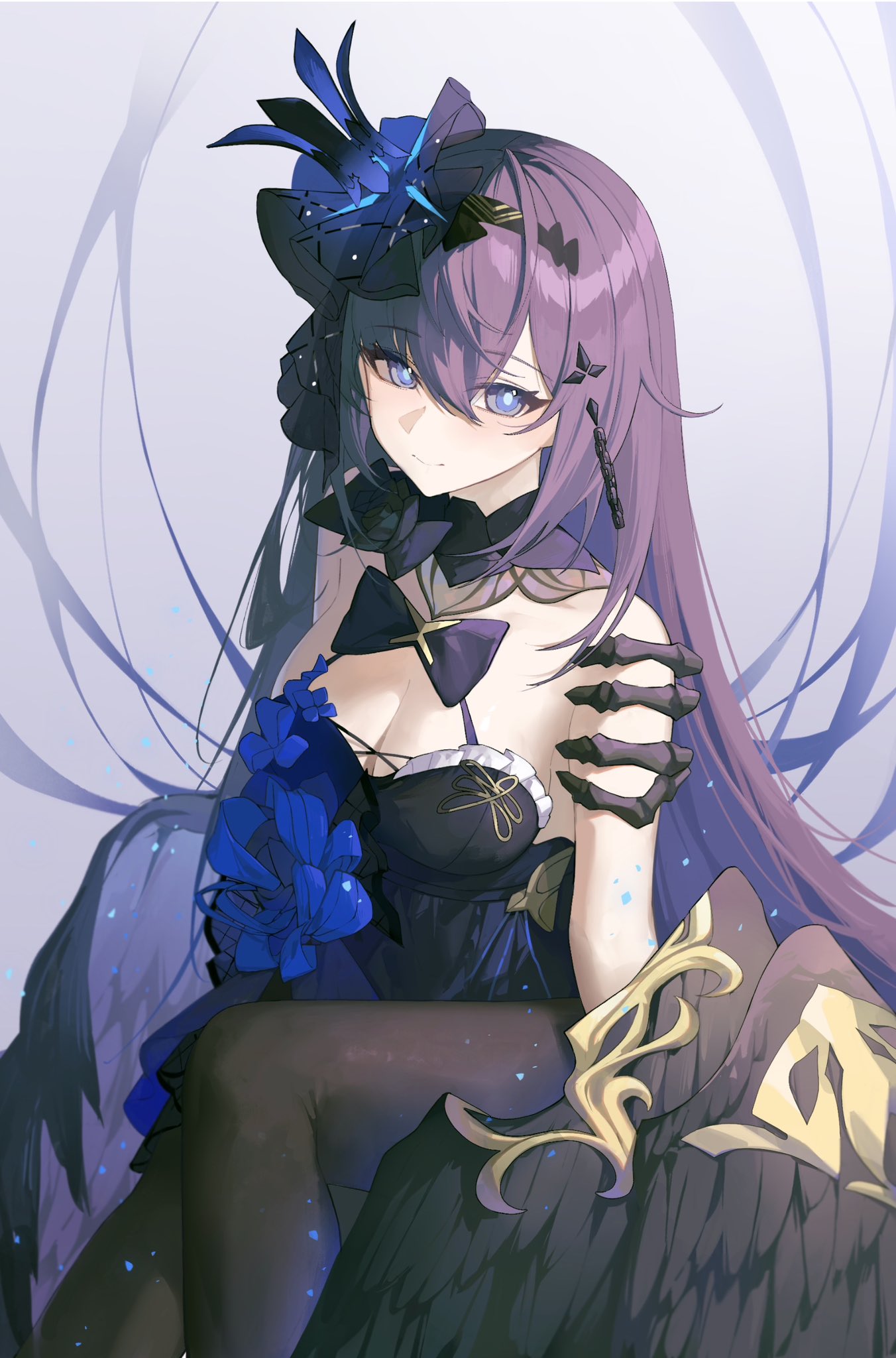 1girl black_dress black_hair black_pantyhose blue_eyes blue_pupils breasts cleavage closed_mouth commentary dress feet_out_of_frame hair_ornament highres honkai_(series) honkai_impact_3rd long_hair looking_at_viewer medium_breasts official_alternate_costume pantyhose seele_vollerei seele_vollerei_(eternal_night's_embrace) seele_vollerei_(herrscher_of_rebirth) sitting sleeveless sleeveless_dress solo tutou_jiang